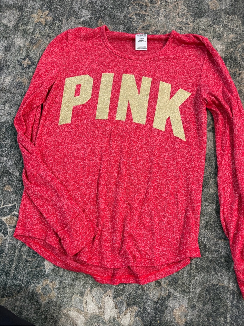 PINK Victoria's Secret Red Long-Sleeve Tee with Gold Logo